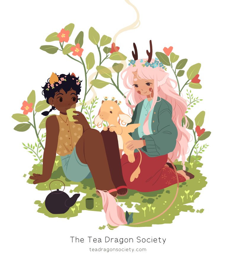 illustration de Le Cercle du Dragon-Thé de Kay O’Neill avec les deux filles qui sont assises et boivent du thé, avec un dragon-thé sur un genou