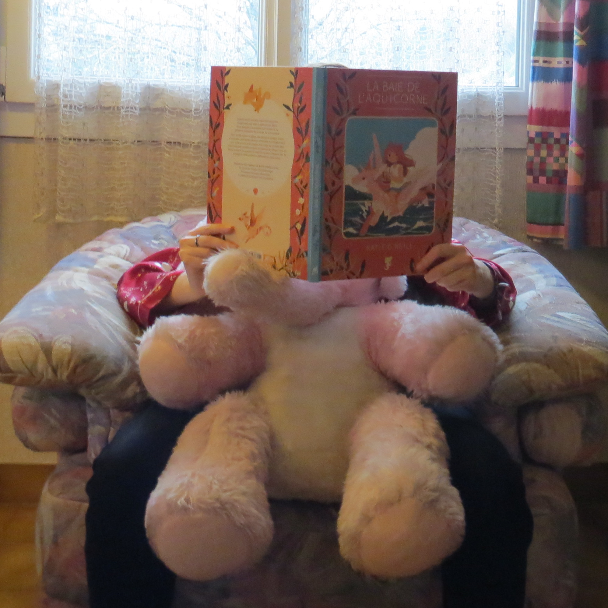 personne en pyjama lisant La Baie de L’Aquicorne de Kay O’Neill dans un fauteuil avec une peluche d'éléphant rose sur les genoux