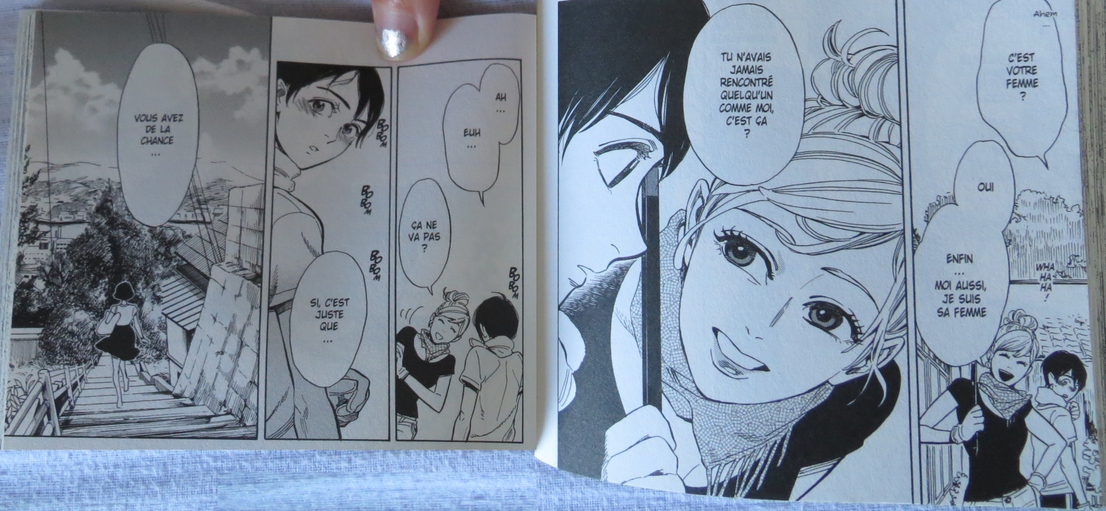 pages du manga Eclats d'âme de Yuhki Kamatani, où Tasuku dit à la femme qui lui présente sa partenaire qu'elle a de la chance