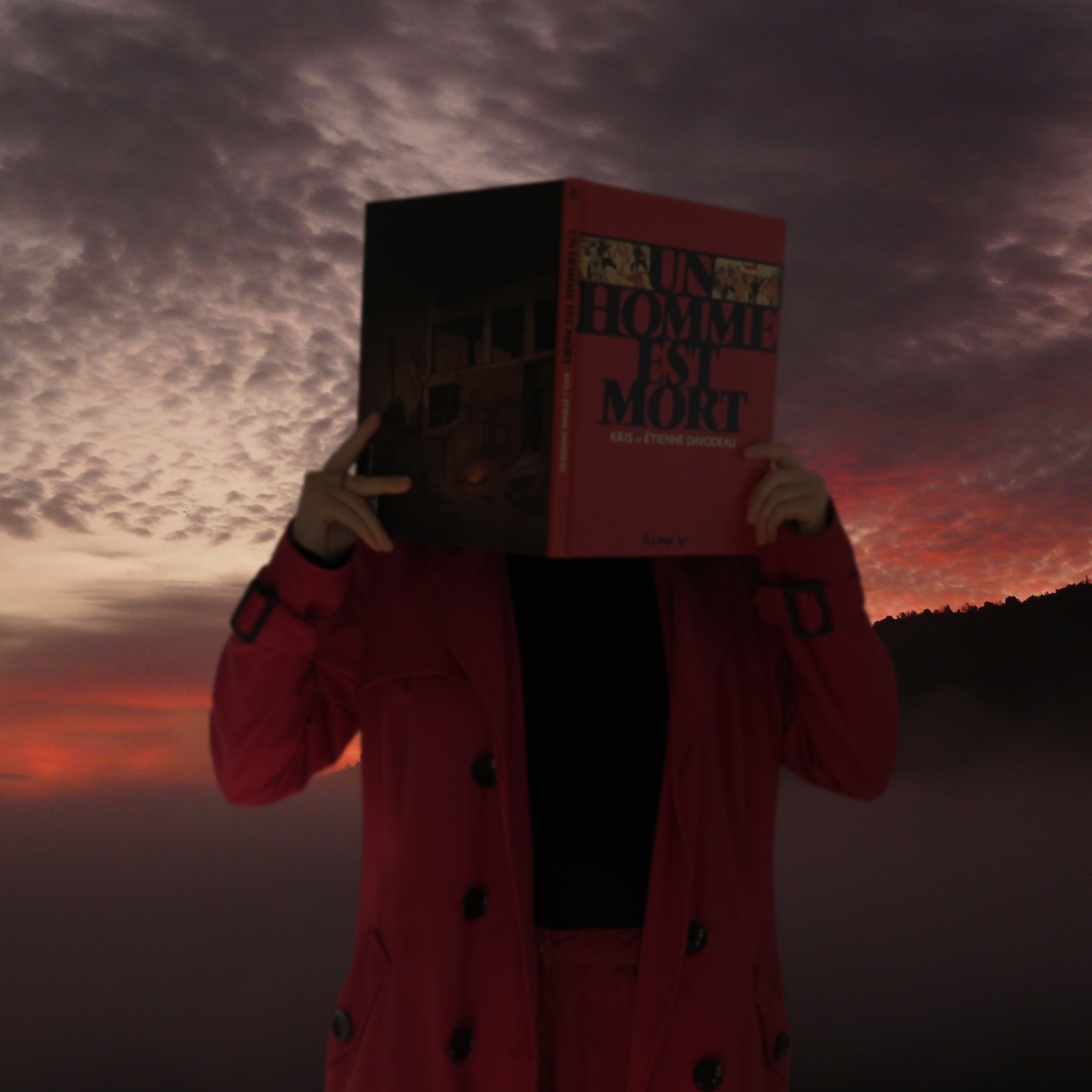personne en rouge et noir lisant Un Homme est Mort de Étienne Davodeau et Kris devant un coucher de soleil rempli de brouillard