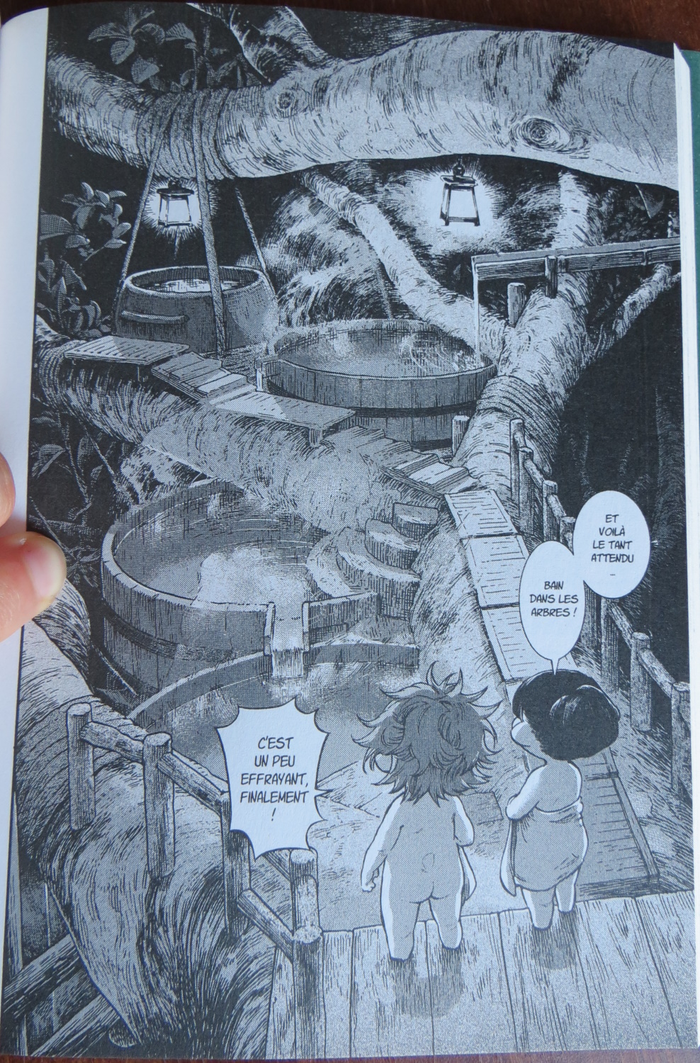 Hakumei et Mikochi face à des bassines dans des arbres
