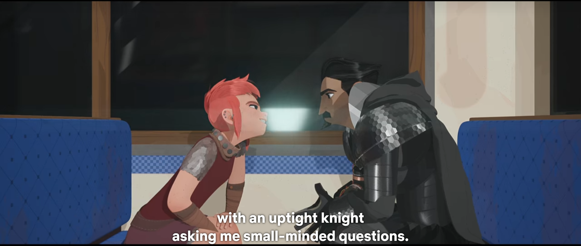 Nimona : with an uptight knight asking me small-minded questions.