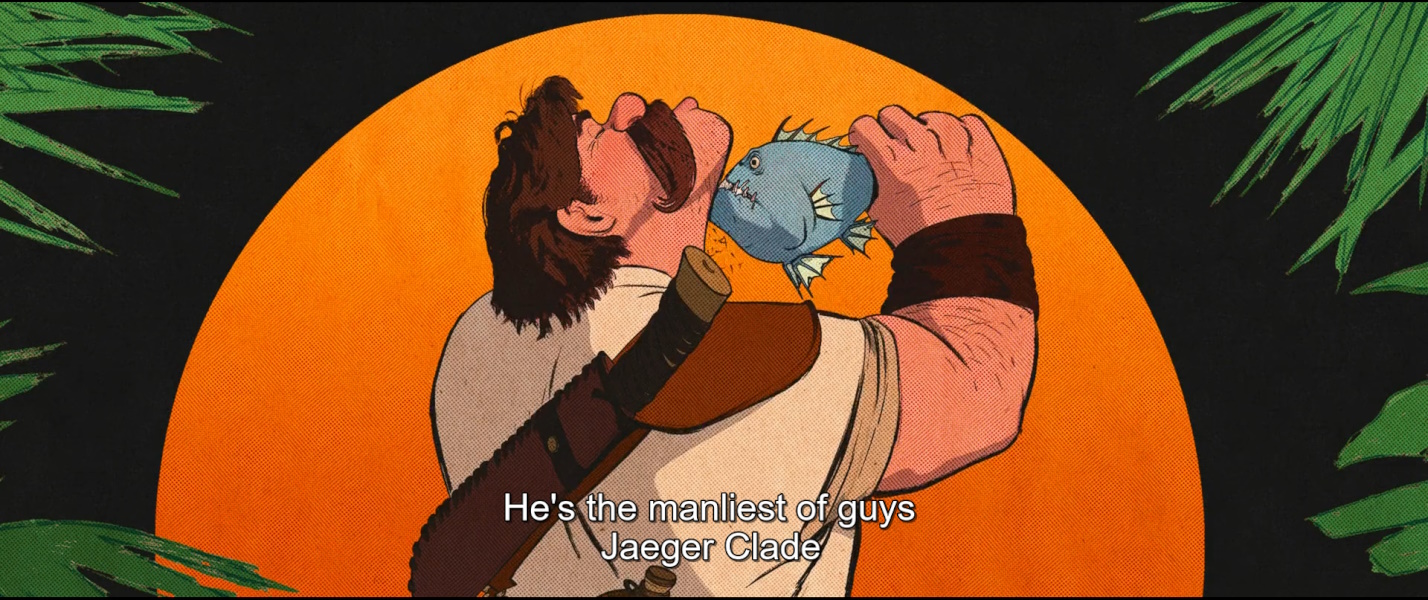 Capture d'écran de Strange World - Avalonia, l'étrange Voyage montrant Jaeger Clade en train de se raser avec un piranha