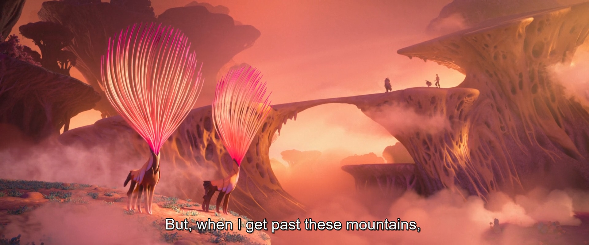 capture d'écran de Strange World - Avalonia, l'étrange Voyage montrant un paysage rose-orangé avec des créatures fantastiques