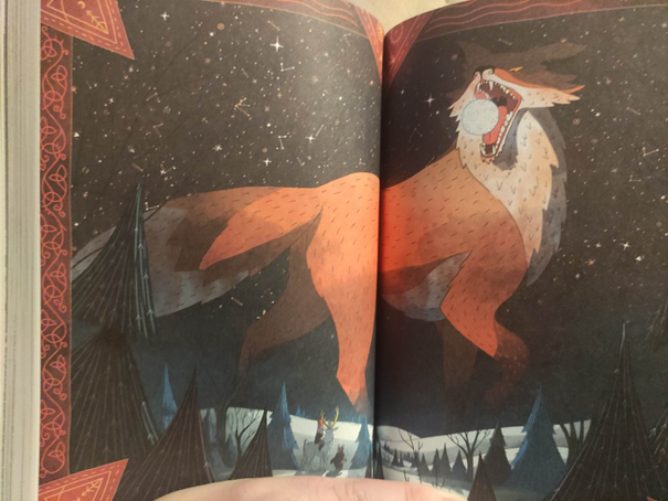 illustration de Les Sœurs Hiver de Jolan C. Bertrand, montrant un renard attaquant la lune, au-dessus d'une forêt