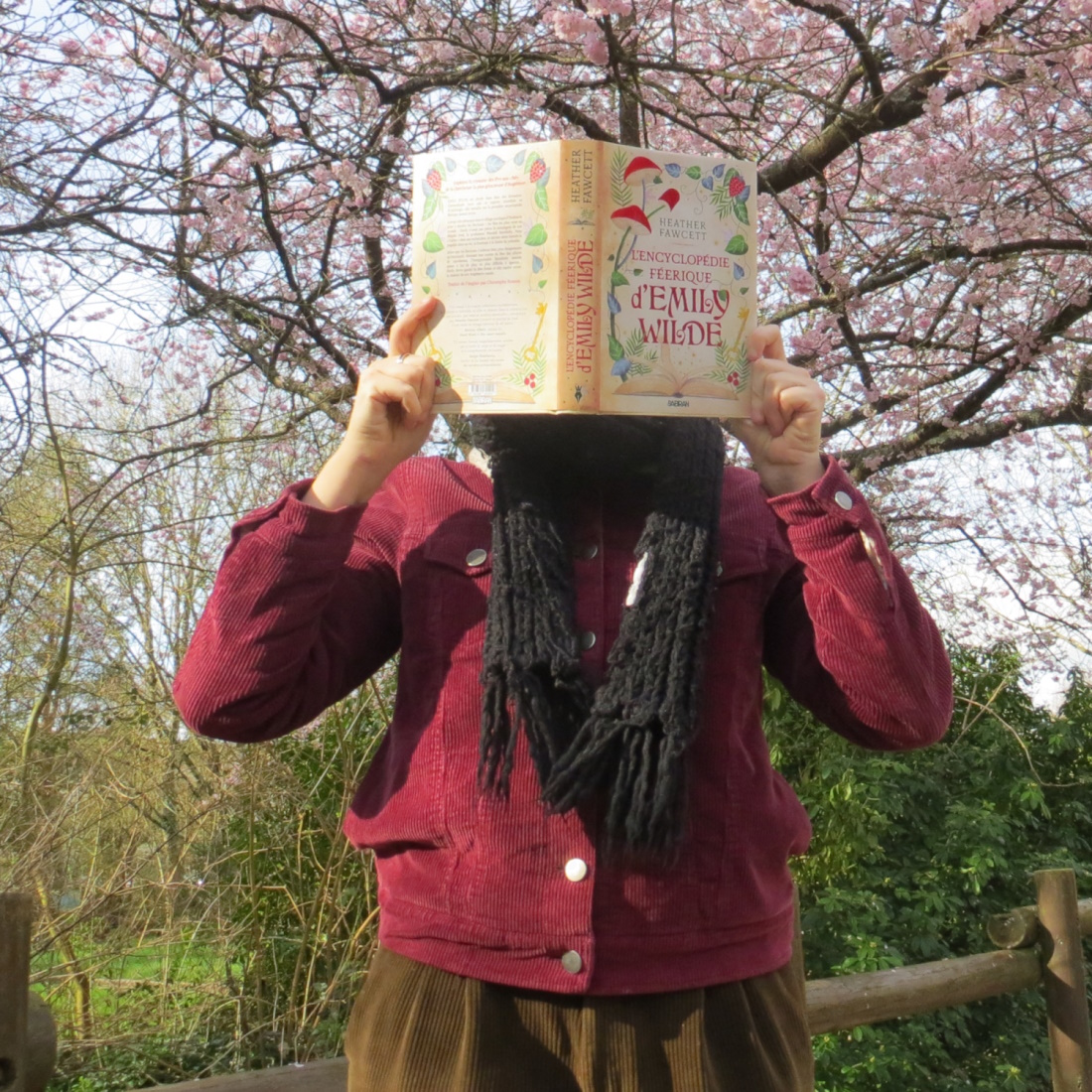 personne en manteau violet et en pantalon vert en velours côtelé lisant L’Encyclopédie Féérique d’Emily Wilde de Heather Fawcett devant des arbres avec des fleurs roses