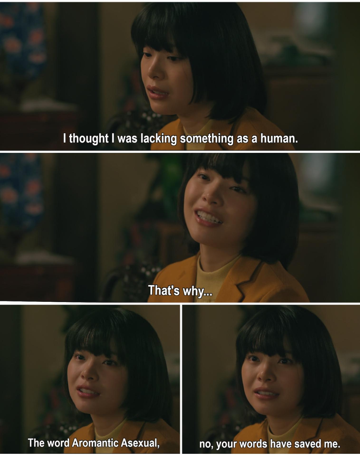 plusieurs vignettes montrant Sakuko disant : I thought I was lacking something as an individual, that's why the words aromantic asexual... no, your words, have saved me
